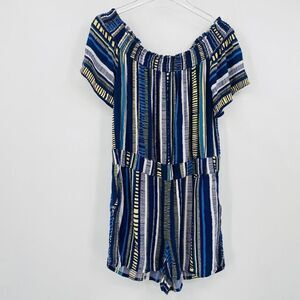 LOFT Lounge Size Medium Blue & Yellow Striped Off The Shoulder Romper w/ Pockets